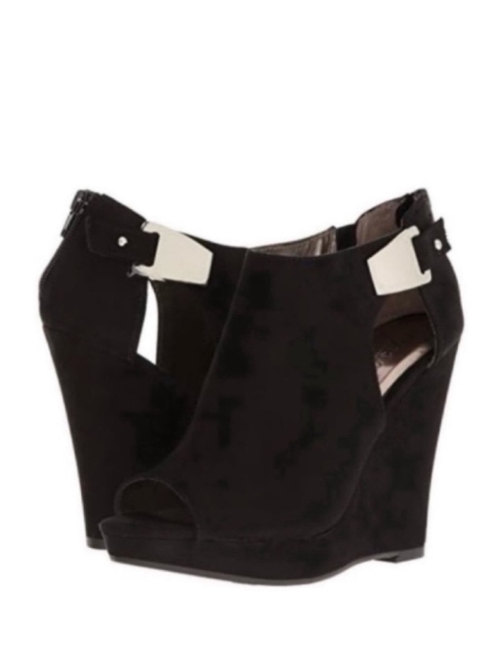 Carlos by Carlos Santana Black Faux Suede Peeptoe Platform Wedge Heels Size 9.5